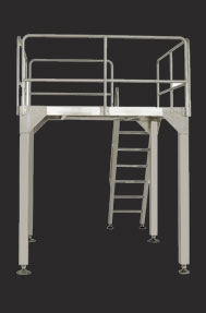 A white metal platform with stairs and railing.